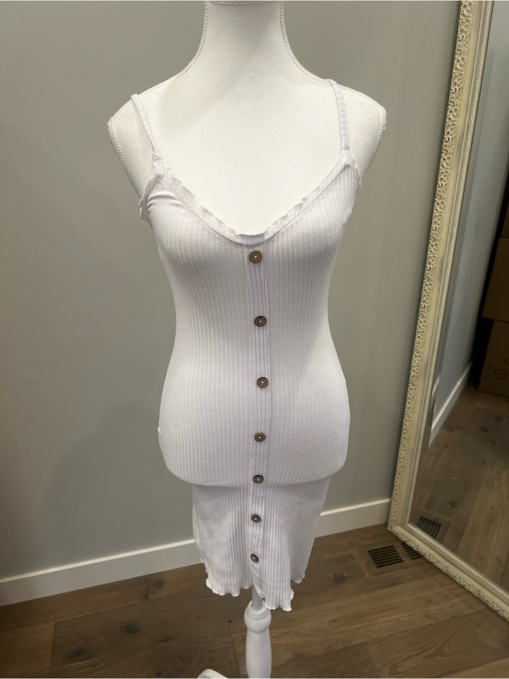 Derek Heart White Ribbed Button-Front Midi Slip Dress